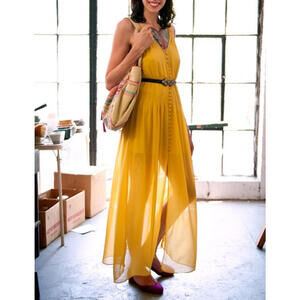 Yellow LADAKH Maxi Long Button Dress Size US-2 Small V-Neck $450
